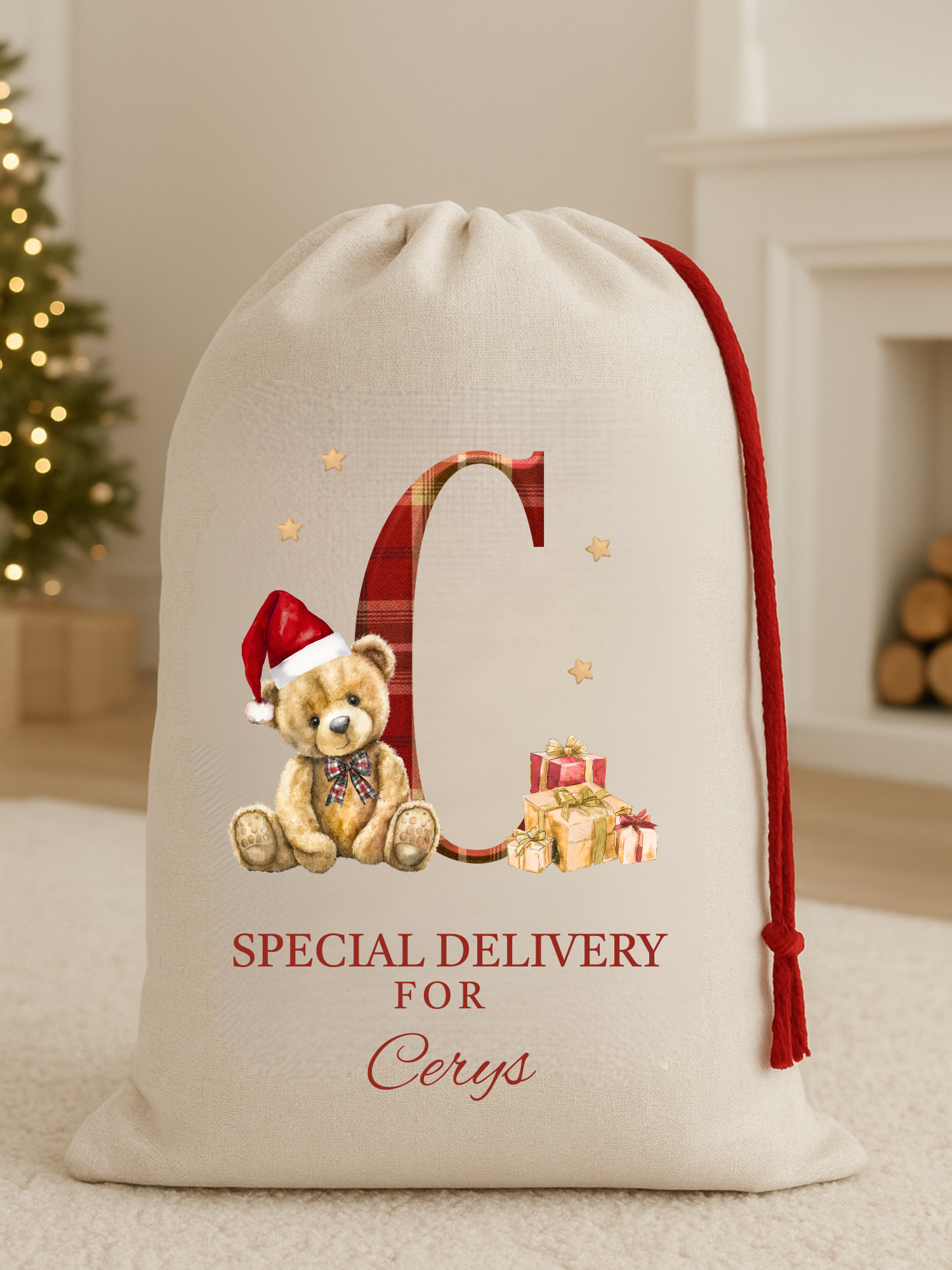 Luxury Linen Santa Sack - Tartan Bear