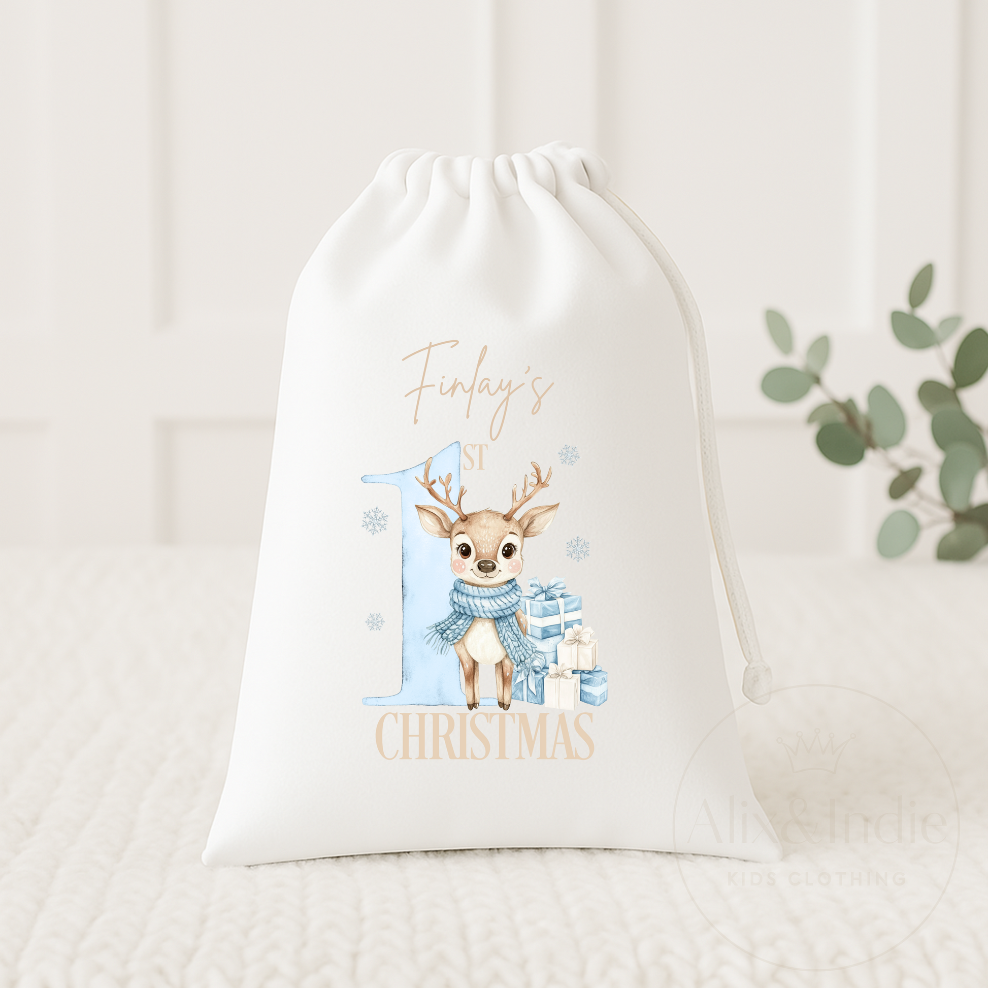 Drawstring Bag Small - First Christmas Blue