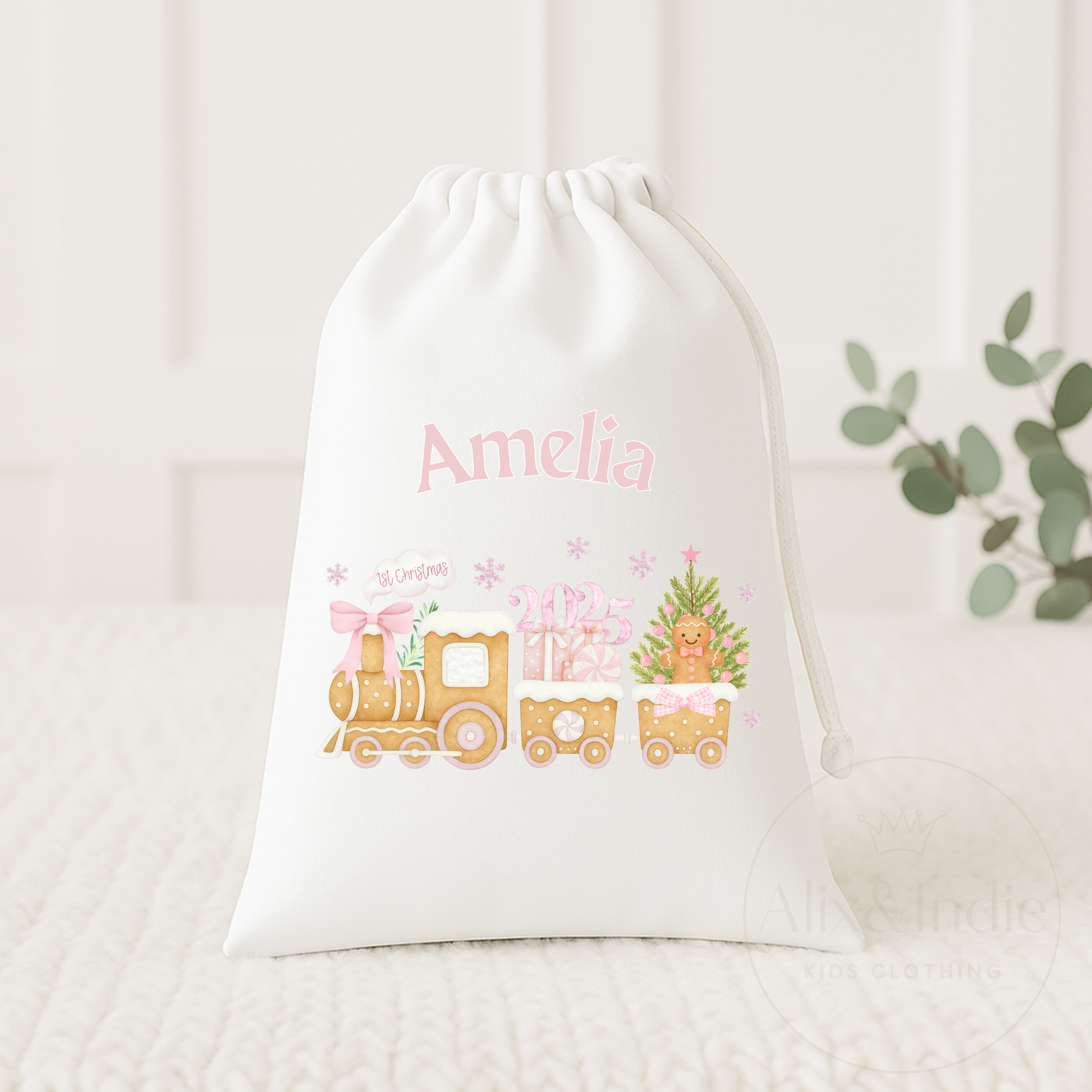 Drawstring Bag Small - First Christmas Train Pink