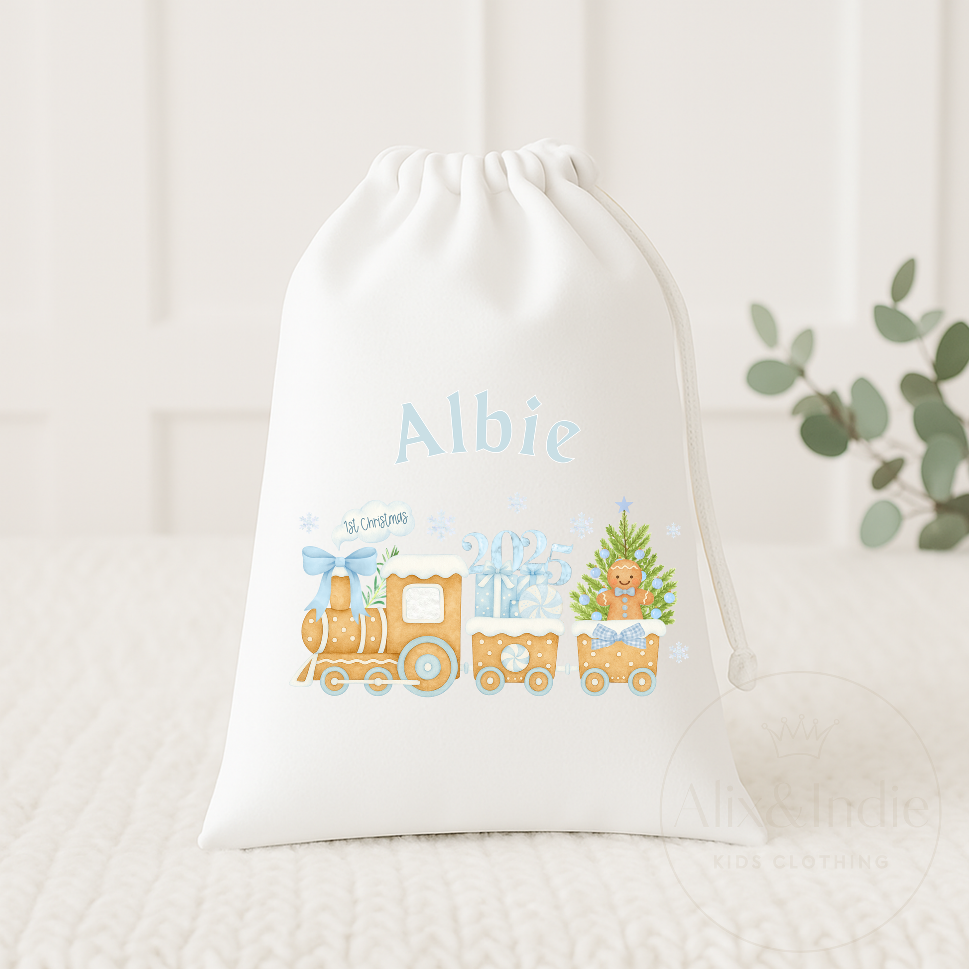 Drawstring Bag Small - First Christmas Train Blue