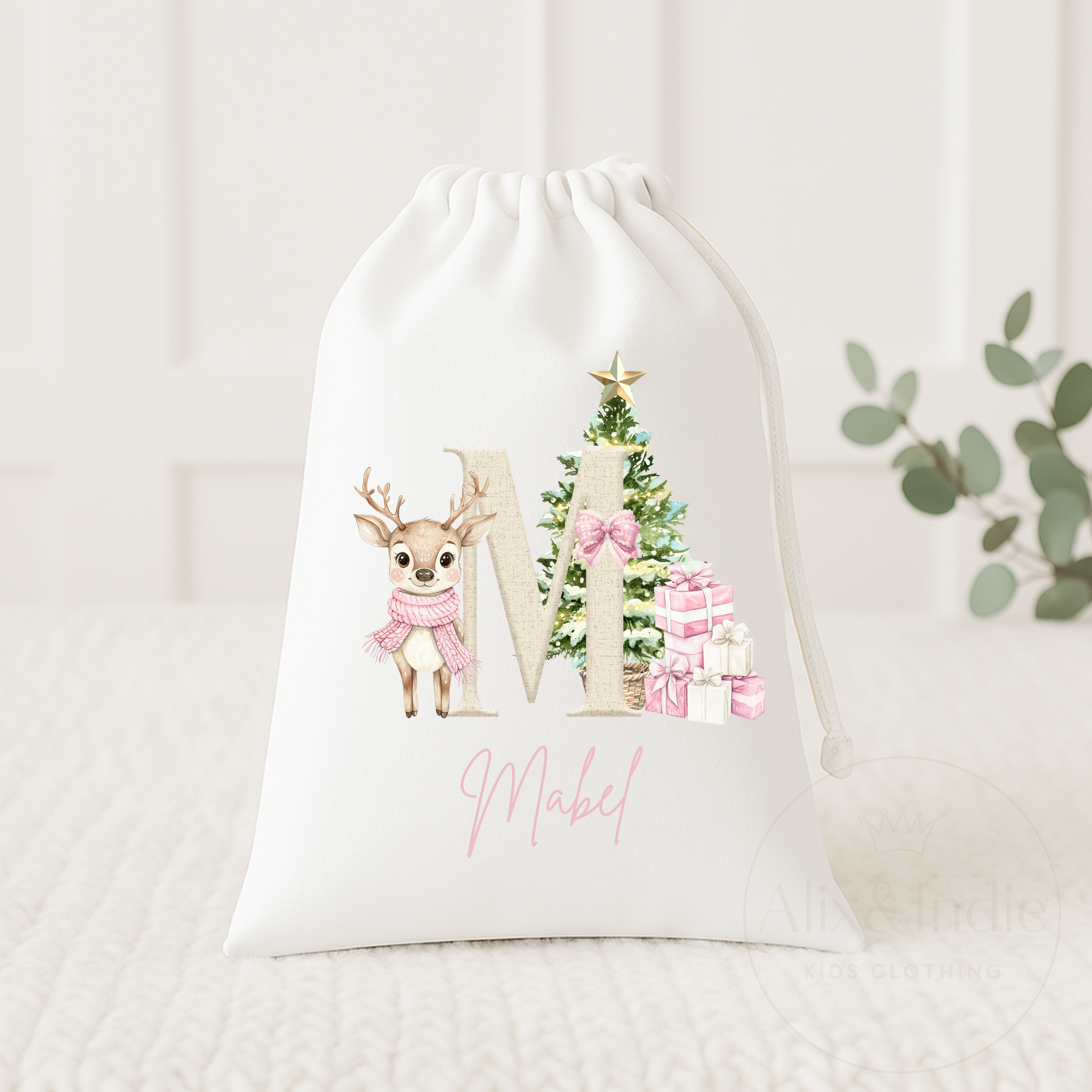 Drawstring Bag Small - Pink Reindeer