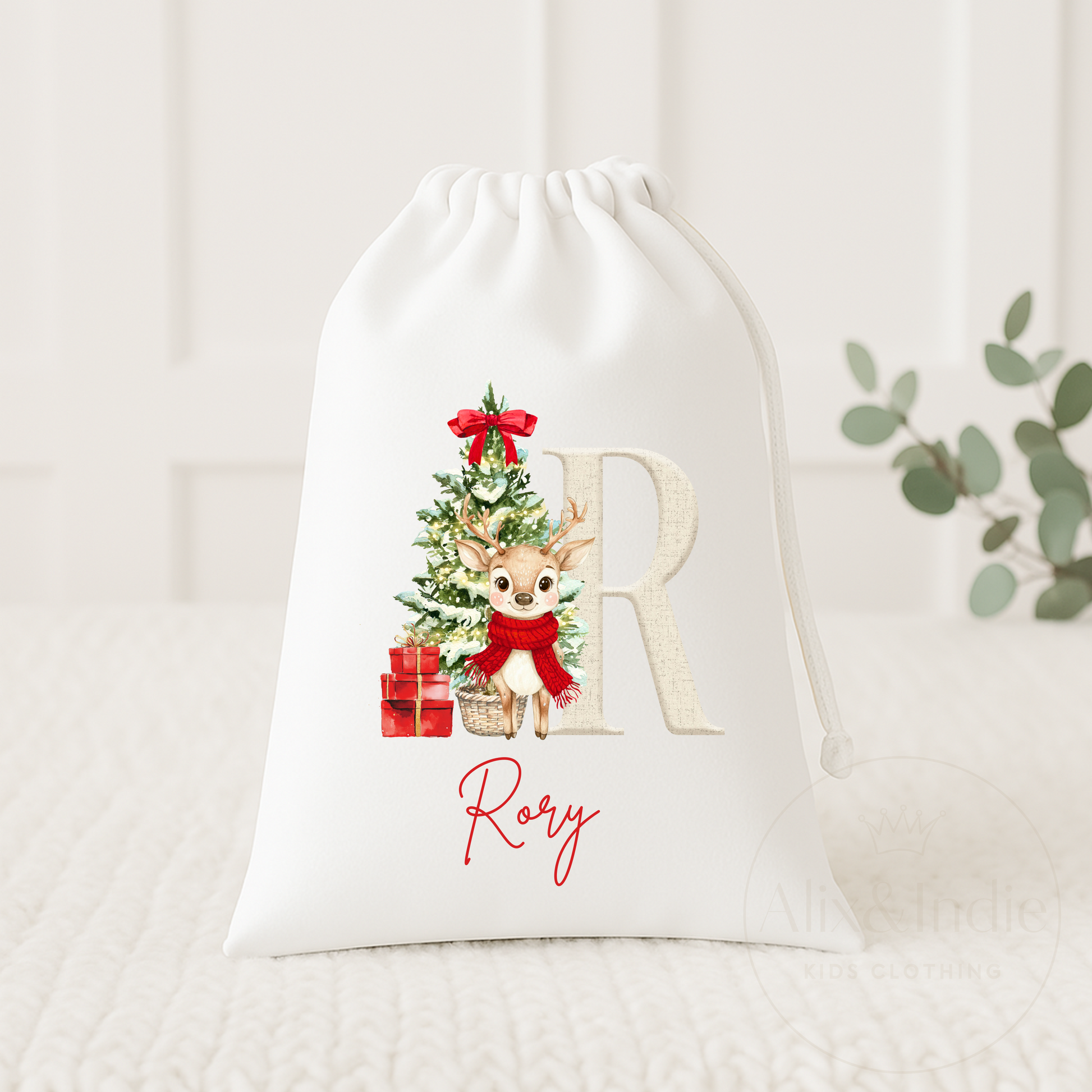 Drawstring Bag Small - Red Reindeer