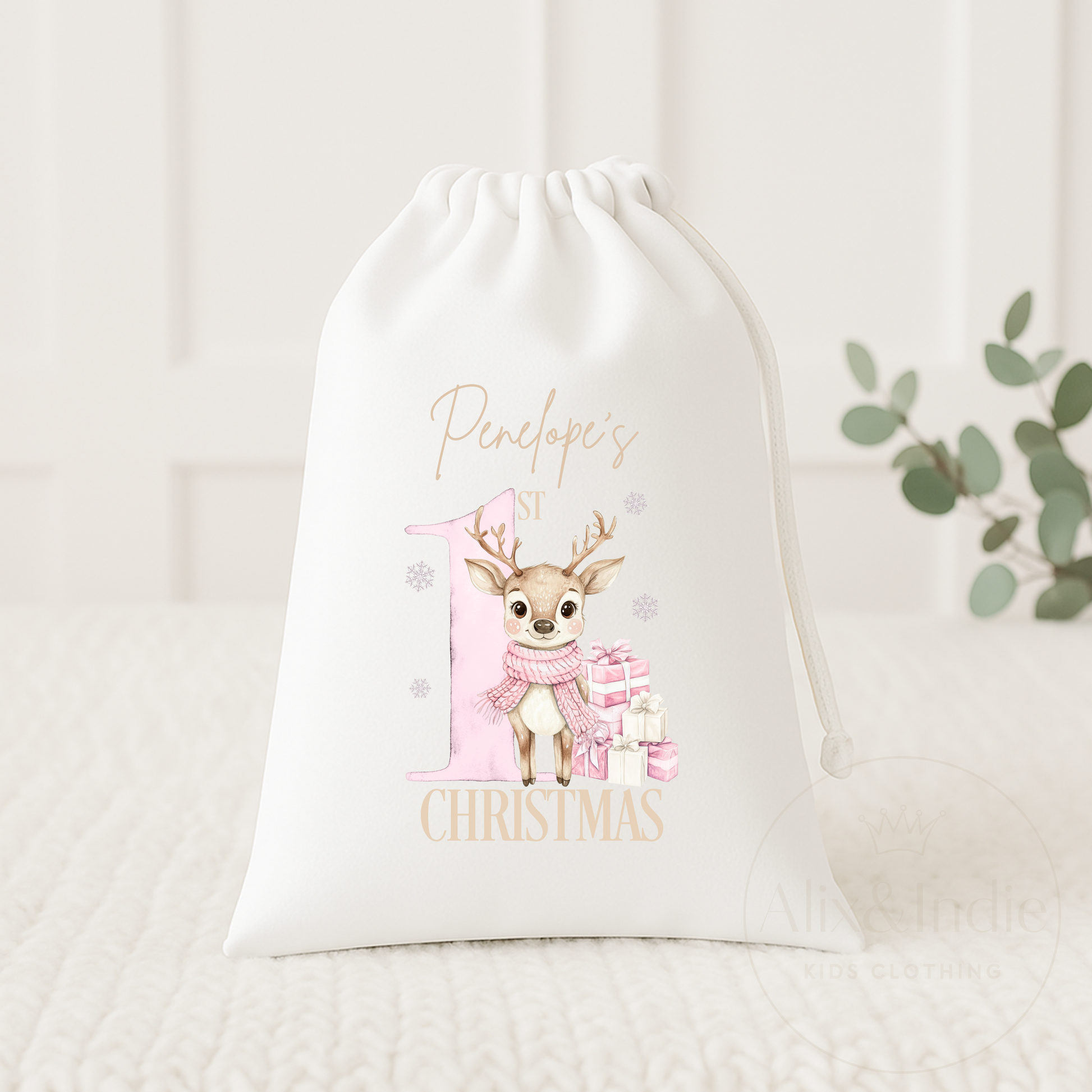 Drawstring Bag Small - First Christmas Pink